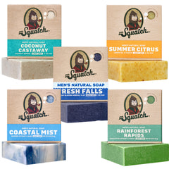 Dr. Squatch front packaging showing five-bar set and clear scent variety benefits