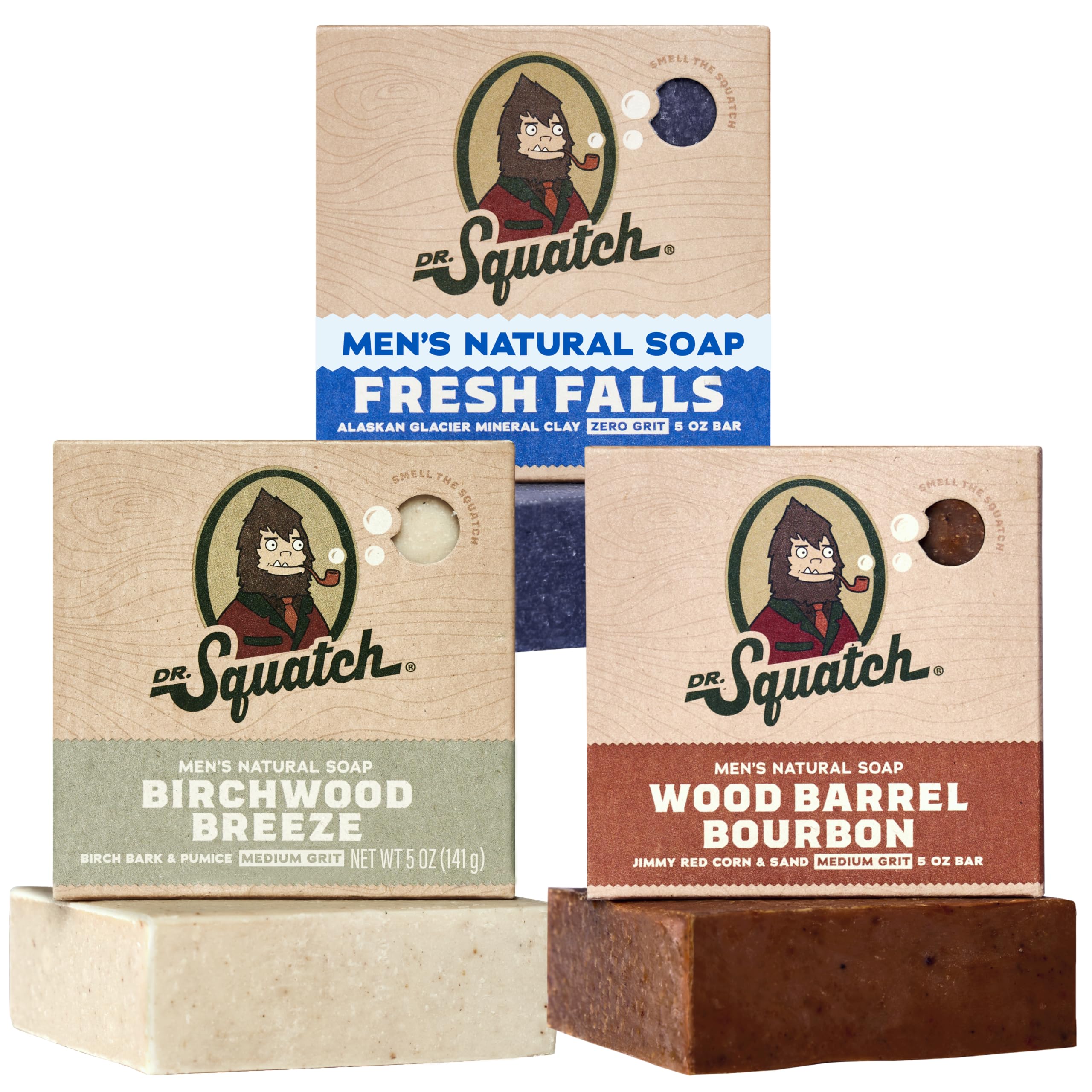 Dr. Squatch front packaging showing three-bar gift set and scent names