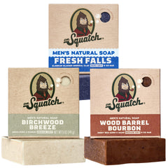 Dr. Squatch front packaging showing three-bar gift set and scent names