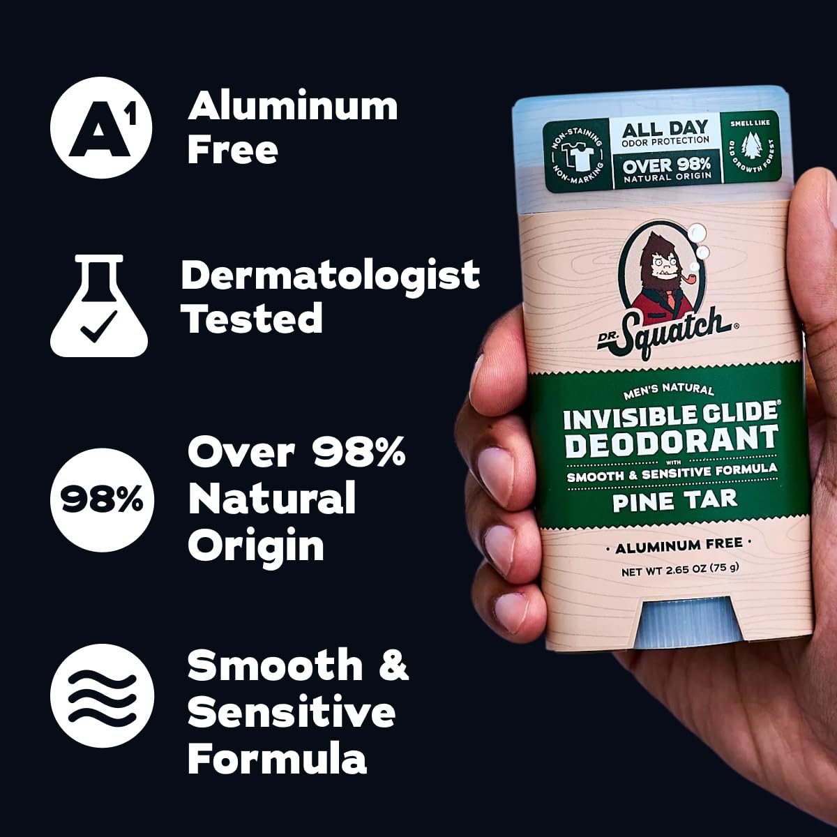 Product label and ingredients list on Dr. Squatch deodorant emphasizing natural-origin formula