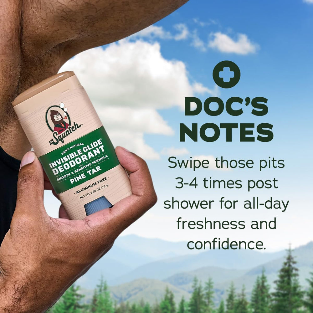 Dr. Squatch deodorant on a bathroom shelf with outdoor elements to convey rugged scent
