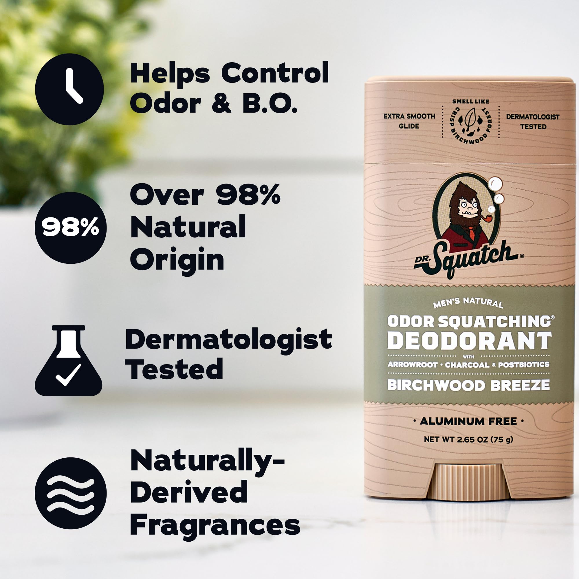 Dr. Squatch deodorant with cap off demonstrating smooth application for comfortable coverage