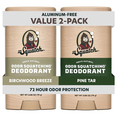 Dr. Squatch front packaging of Pine Tar + Birchwood Breeze two-pack showing rugged branding and stick view