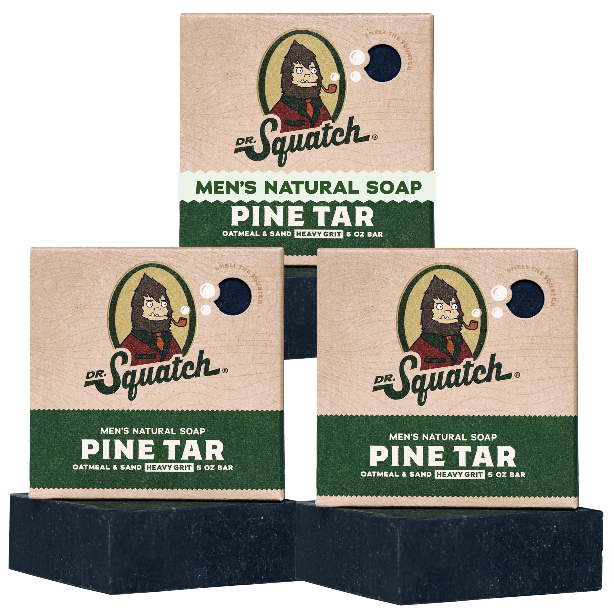 Dr. Squatch front packaging showing Pine Tar scent and three bars benefit giftable set