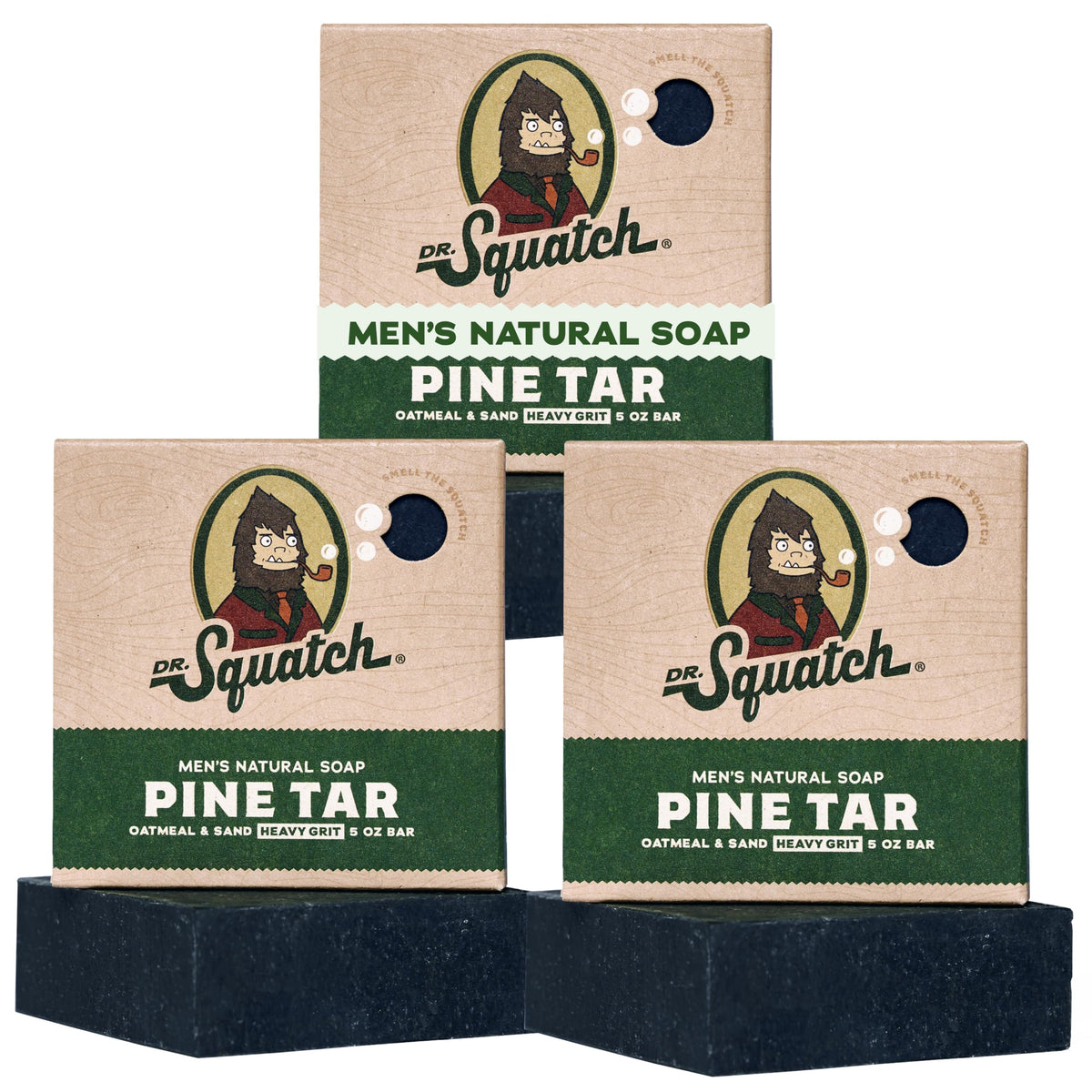 Dr. Squatch front packaging showing Pine Tar scent and three bars benefit giftable set