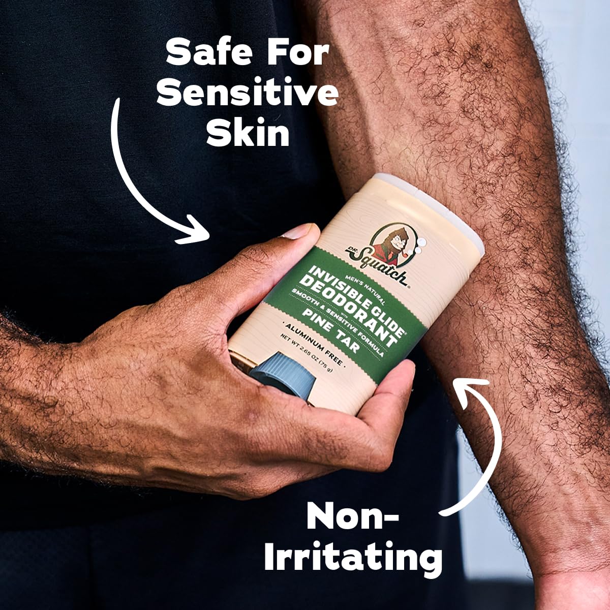 Dr. Squatch stick in a hand to show 2.65oz size for easy scale and travel convenience