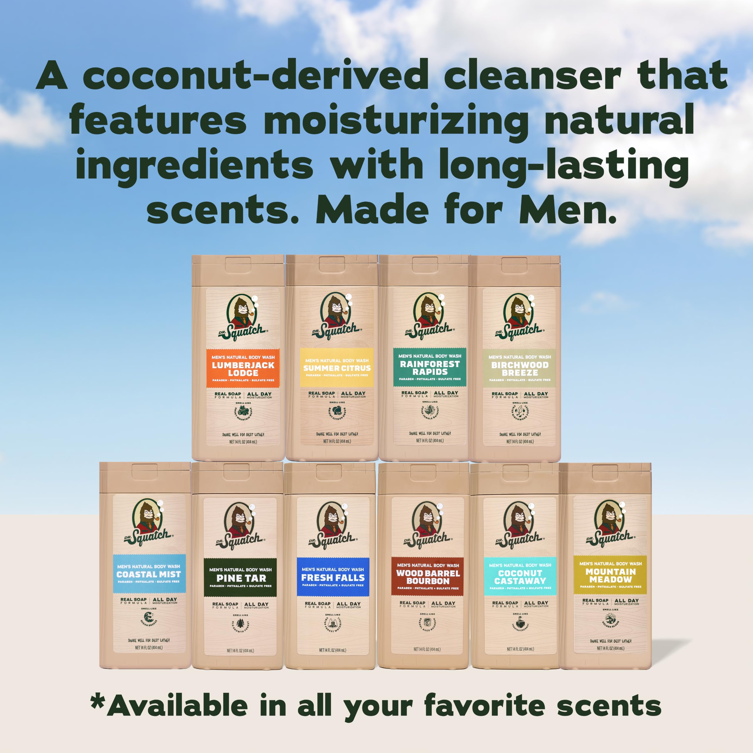 Dr. Squatch lifestyle shot with wood barrel evoking lasting bourbon scent benefit