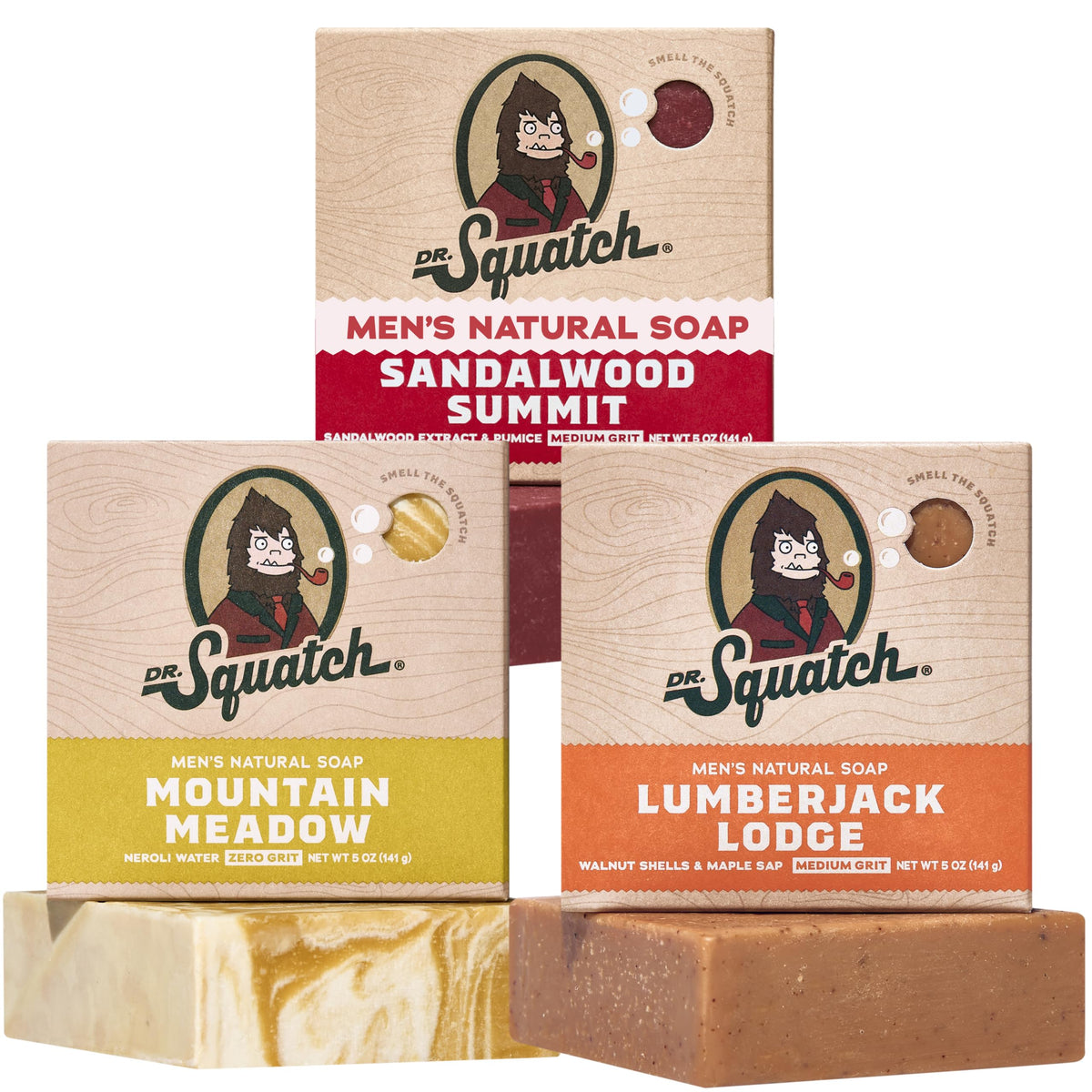 Dr. Squatch three-pack front packaging showing scent variety and gift-ready look