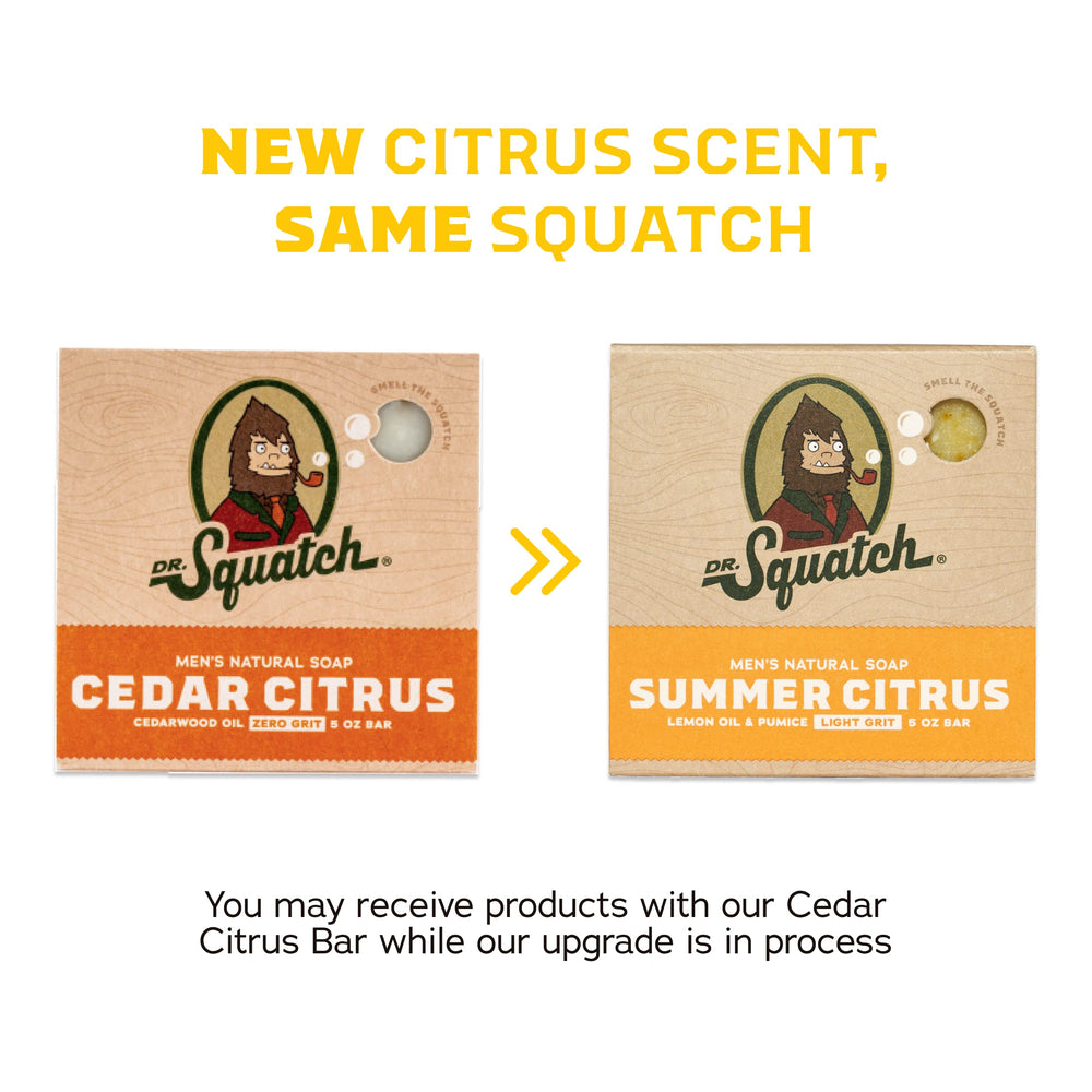 Dr. Squatch travel bar on bathroom shelf showing compact, TSA-friendly benefit