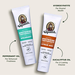 Dr. Squatch tube label close-up highlighting hydroxyapatite enamel support benefit
