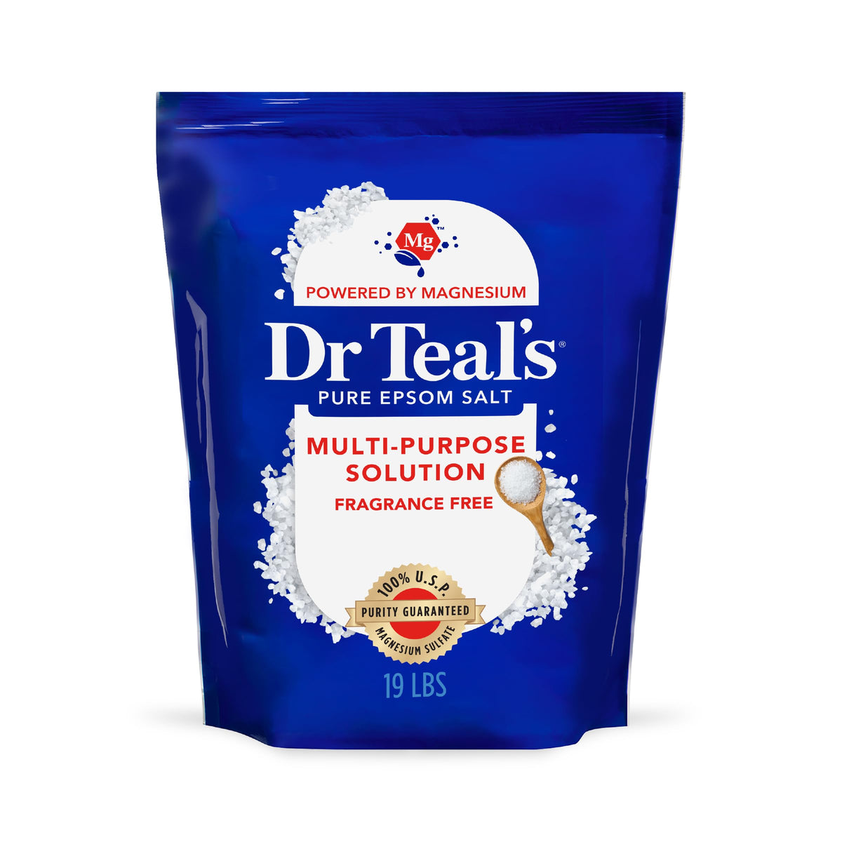 Dr Teal's front-of-bag showing 19 lb label and benefits for storage
