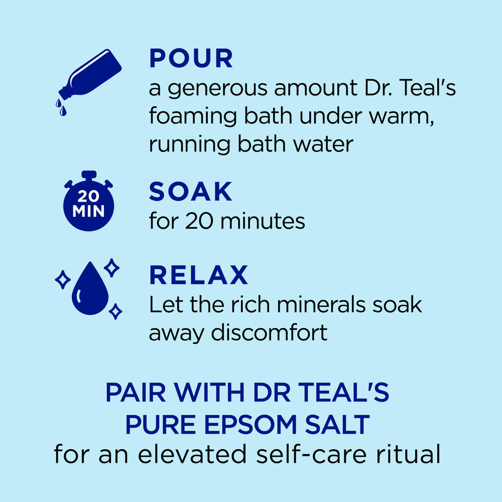 Dr Teal's foaming bath lather texture showing abundant gentle bubbles