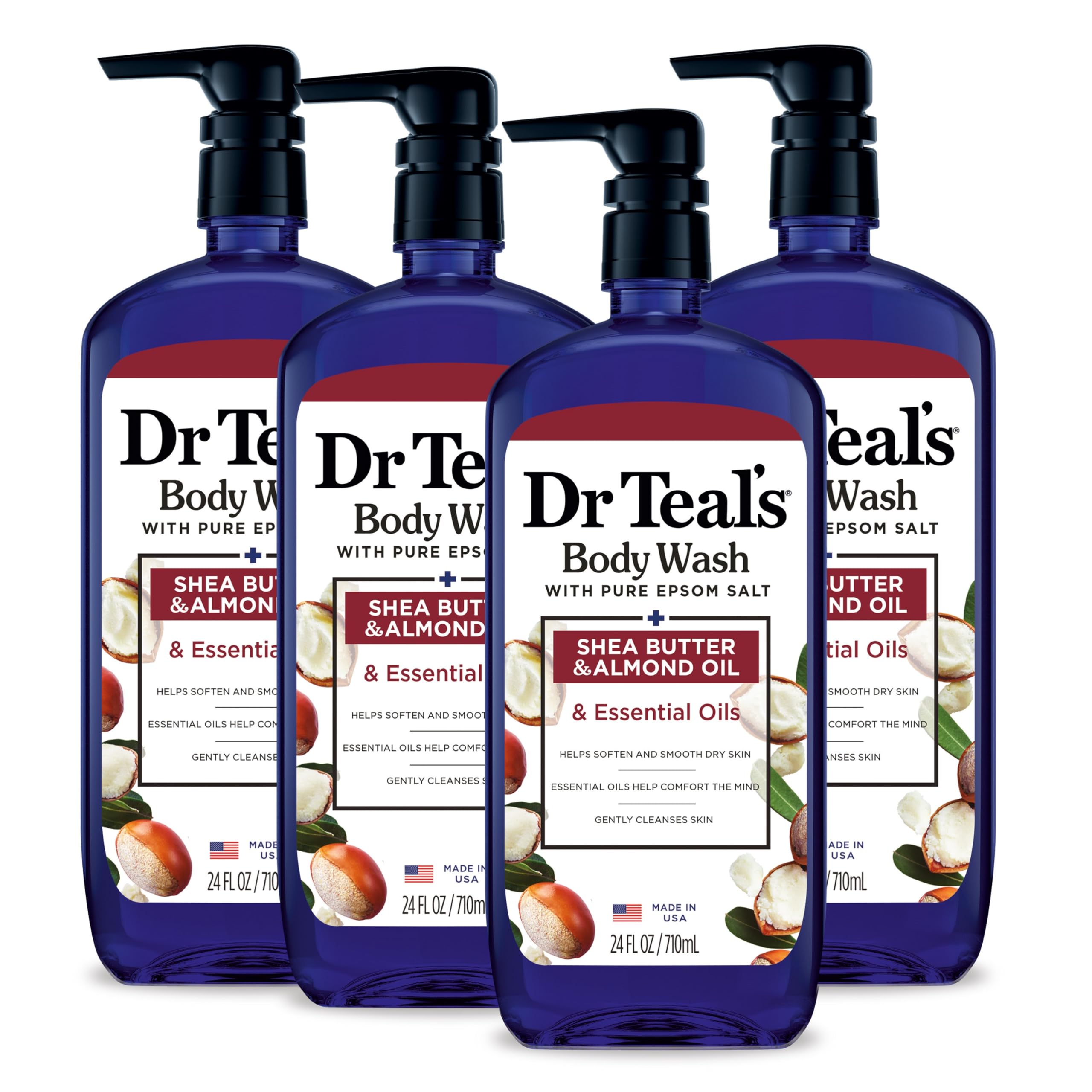 Dr Teal's front bottle pump showing label and practical dispensing benefit