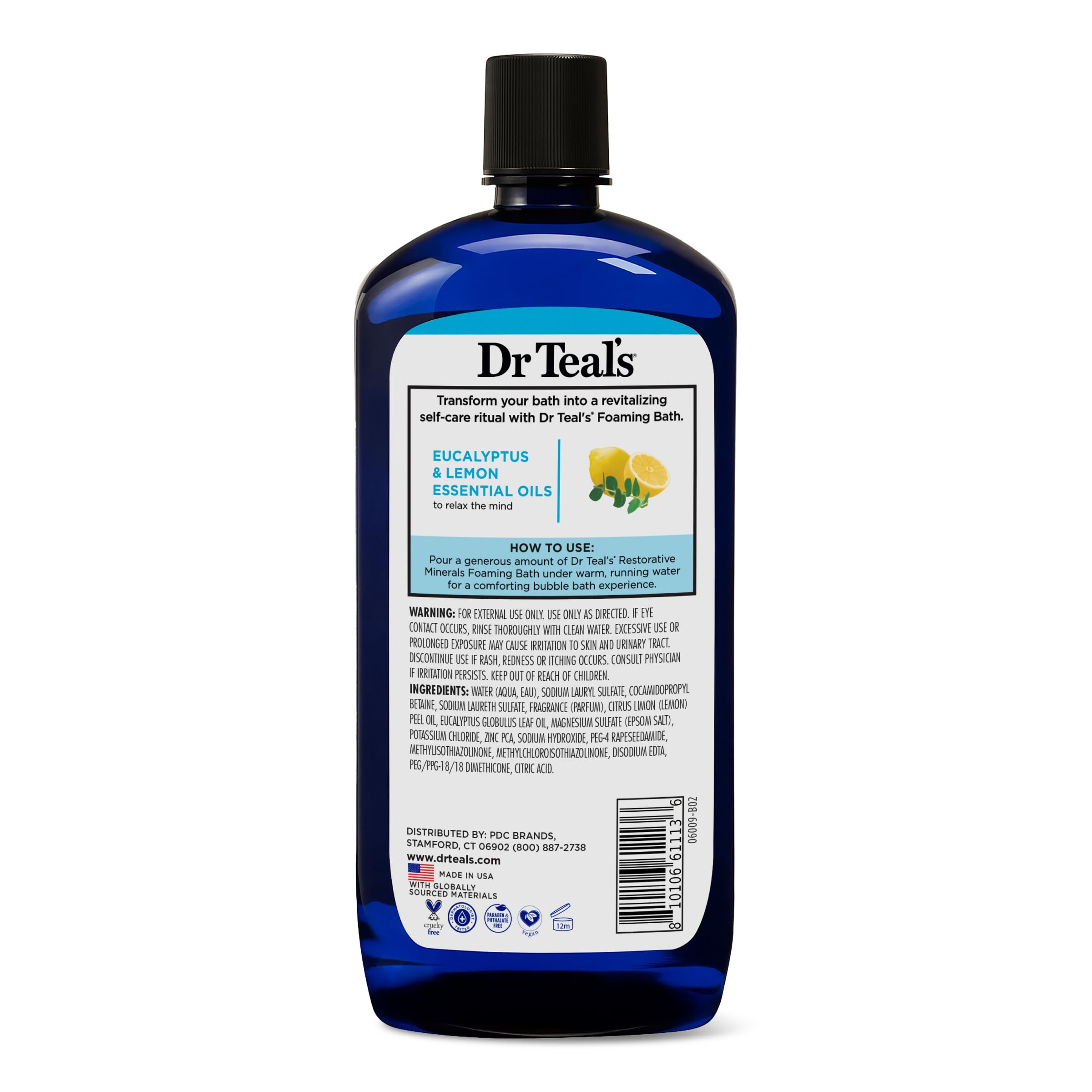 Dr Teal's bottle next to ruler showing 34 fl oz size and supply benefit