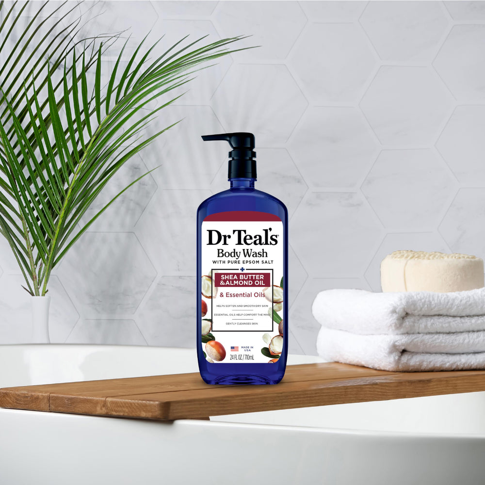 Dr Teal's bottle in a shower setting evoking calming, restorative routine