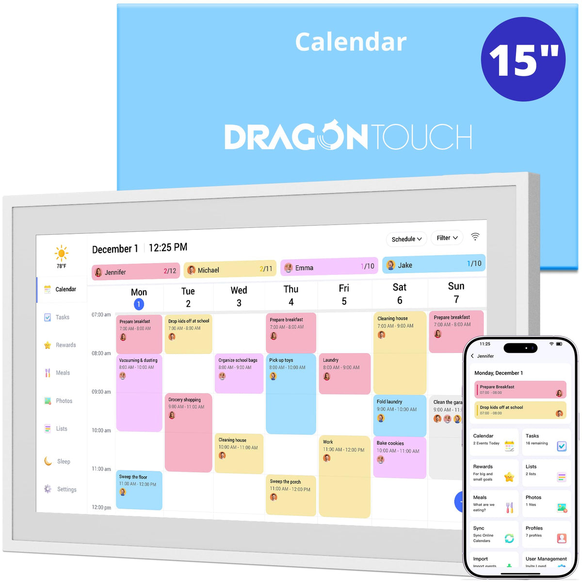 Dragon Touch front view of 15.6" planner showing calendar and clean design for family organization