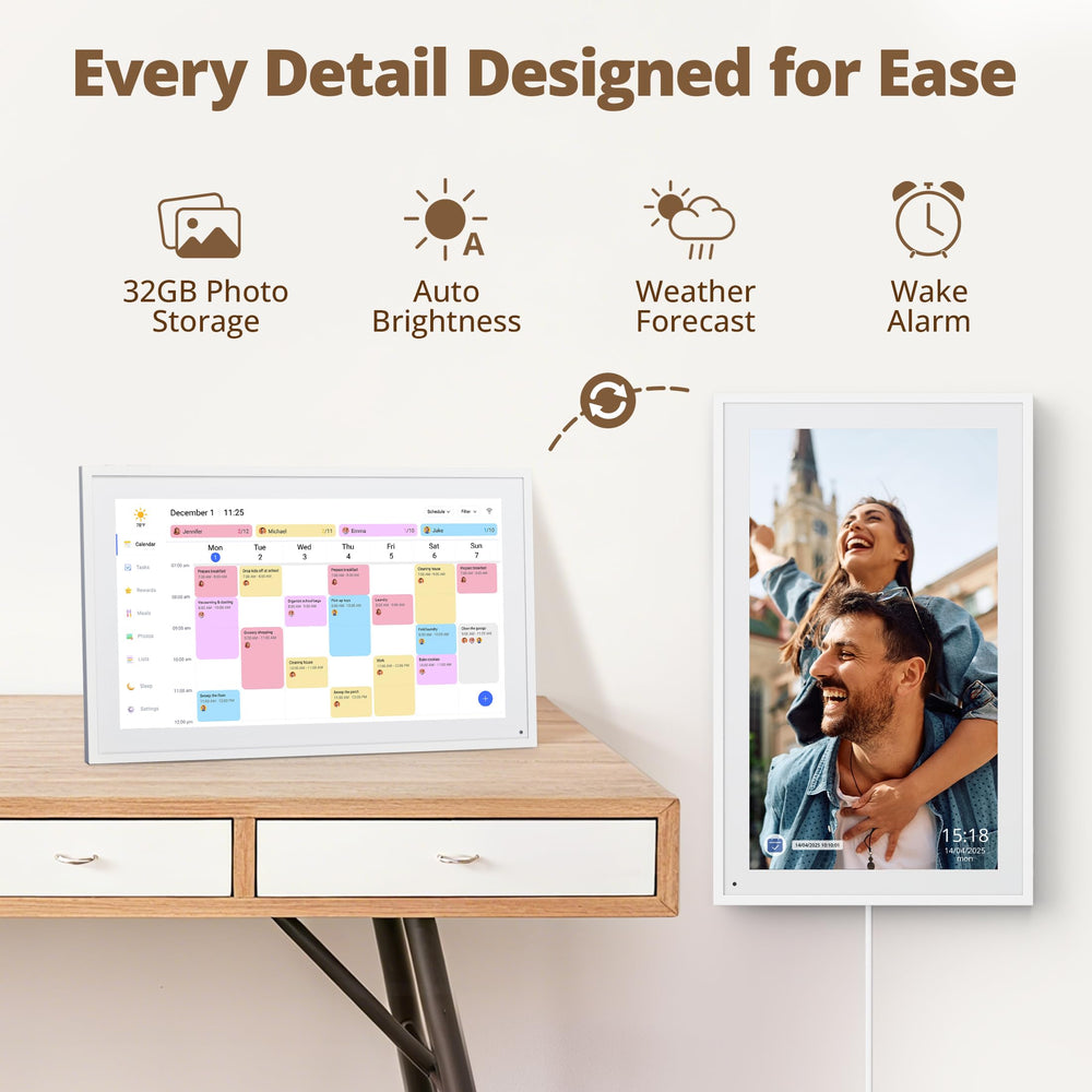 Dragon Touch next to a notebook showing size comparison for 15.6" display and room-friendly footprint