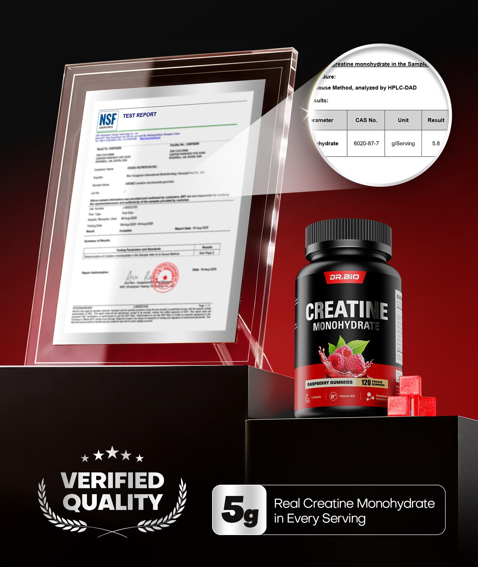 DR.BIO ingredient label close-up showing creatine, taurine, B12, electrolytes
