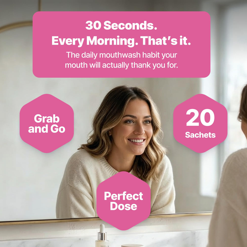 DrDent mouthwash in a model's mouth demonstrating quick 30-second swish effect