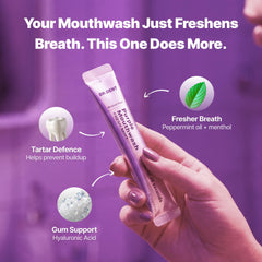DrDent purple mouthwash texture close-up highlighting pigment and gentle formula