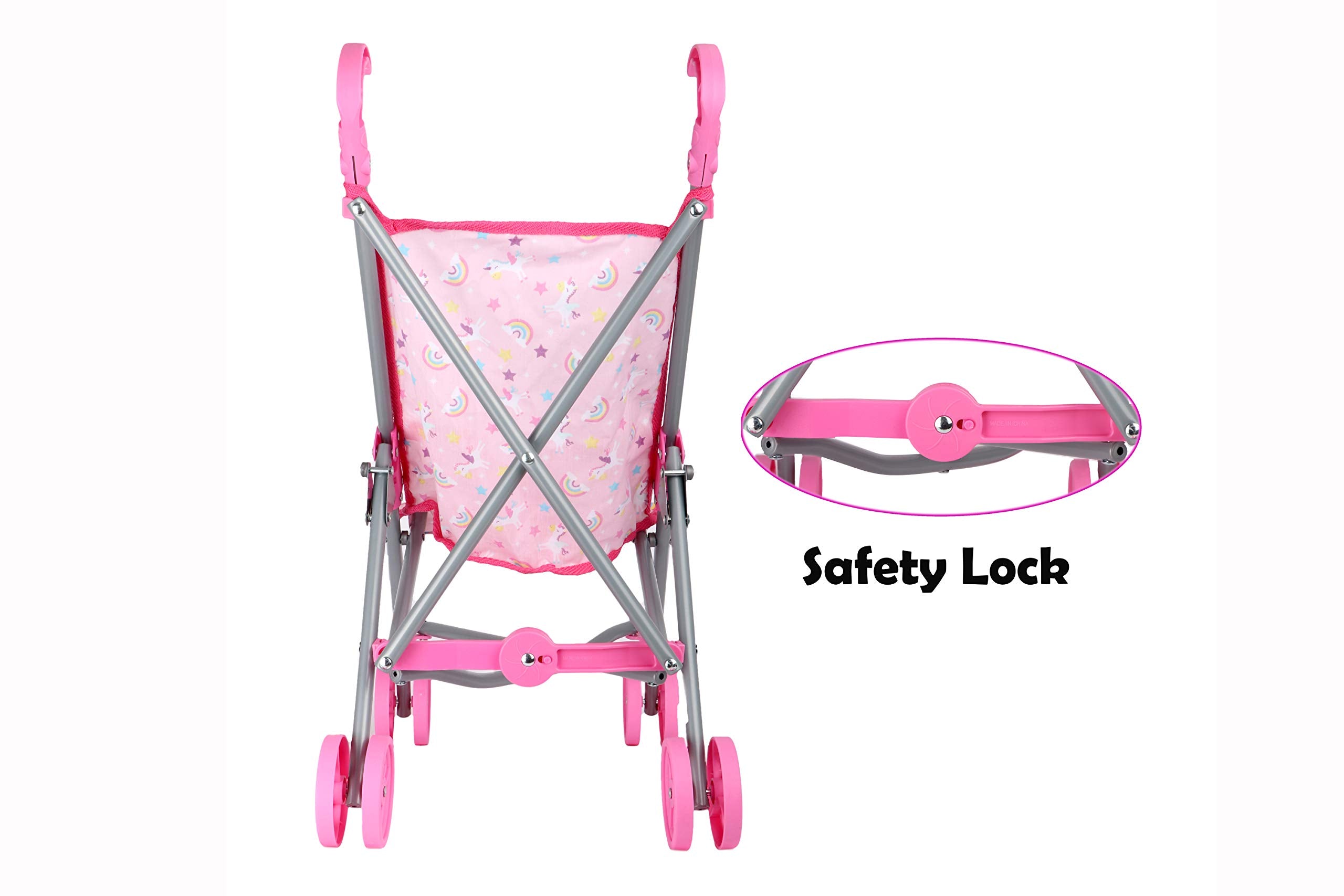 Dream Collection stroller next to a 20-inch doll demonstrating correct fit benefit