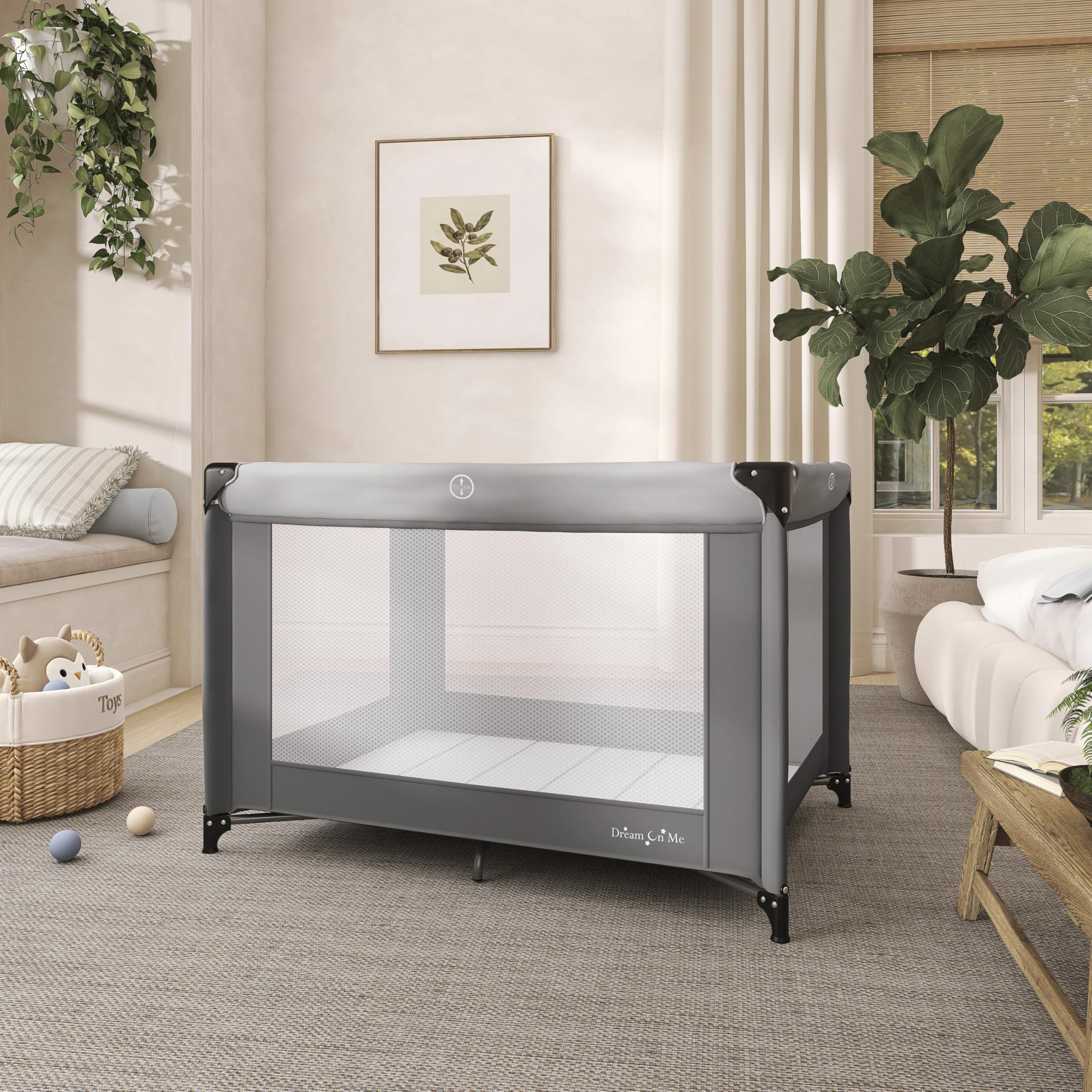 Dream On Me Zazzy set up in a living room for portable everyday use