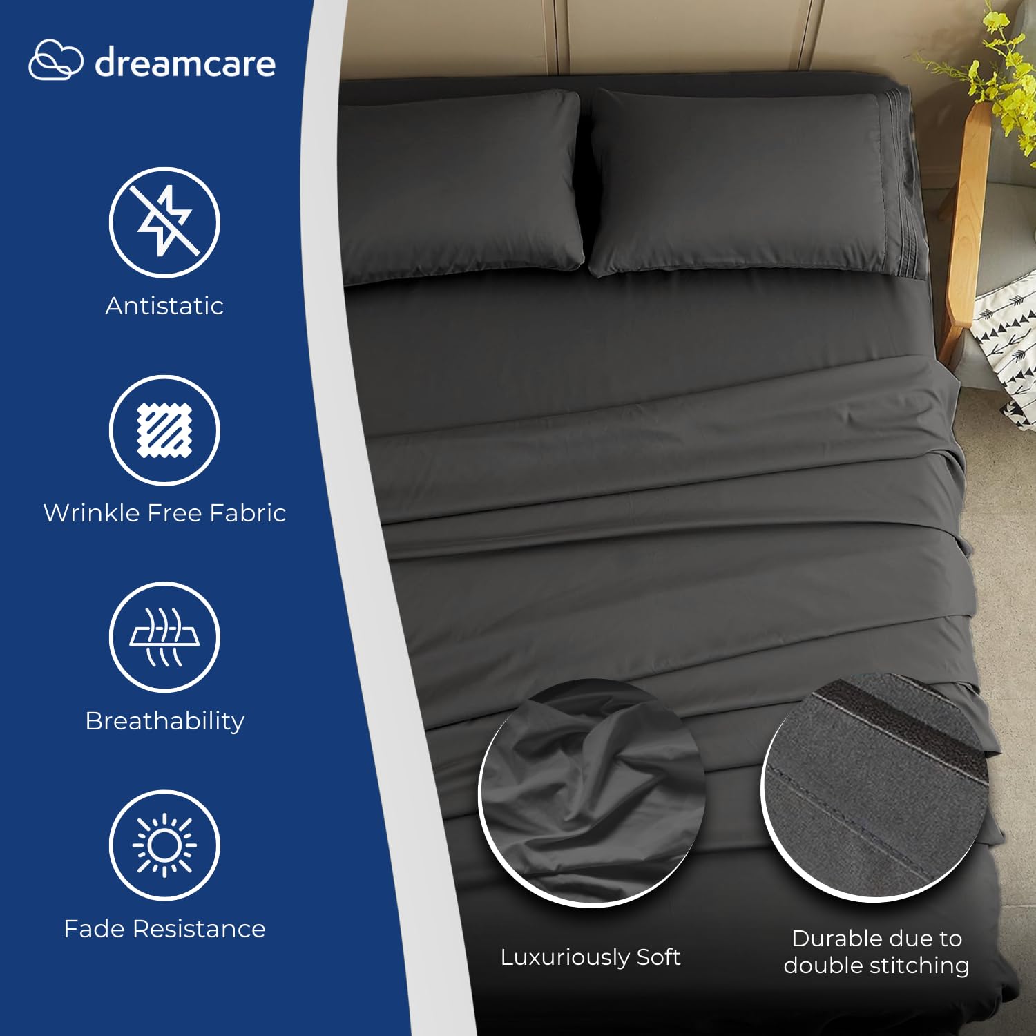 DREAMCARE fitted sheet extra deep pocket closeup highlights secure fit on deep mattresses benefit