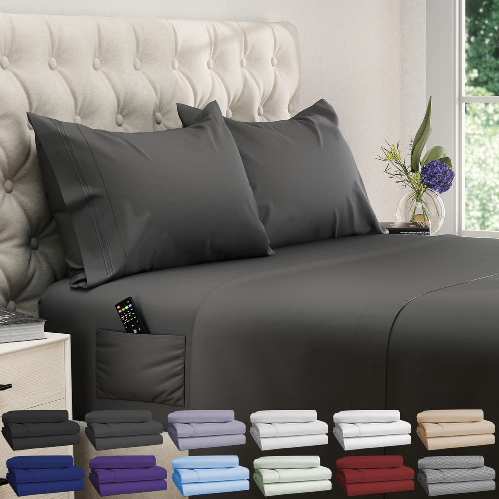 DREAMCARE queen sheet set front view shows neat fit and neutral gray color benefits bedroom styling