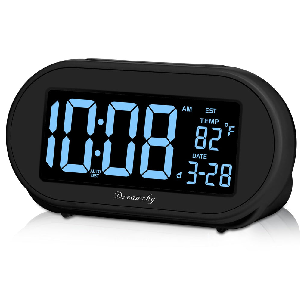 DreamSky front view with large blue LCD showing time and date, easy readability