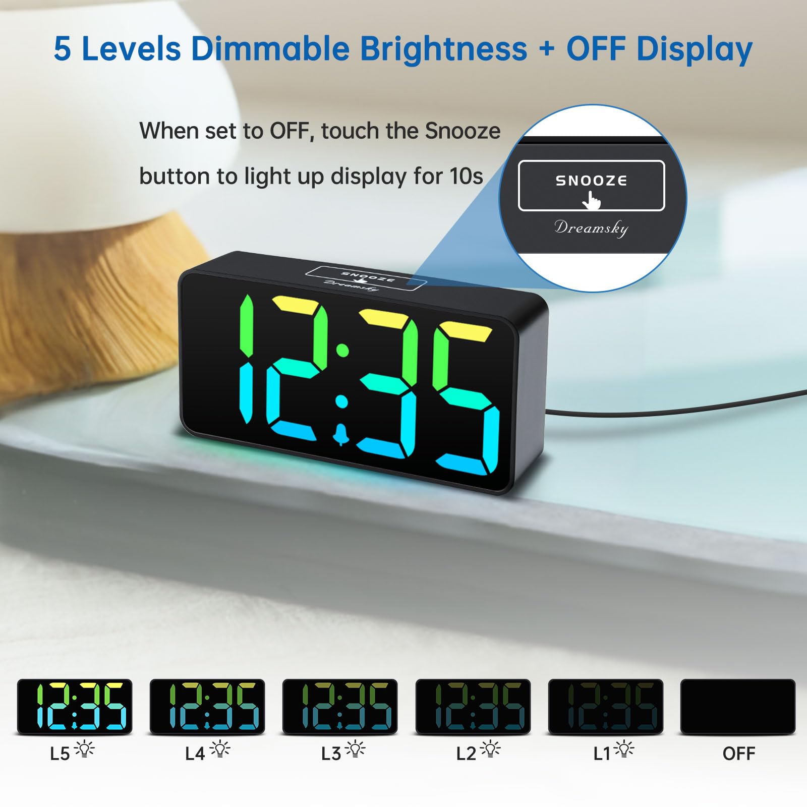 DreamSky in use on nightstand with phone charging and easy-to-read time