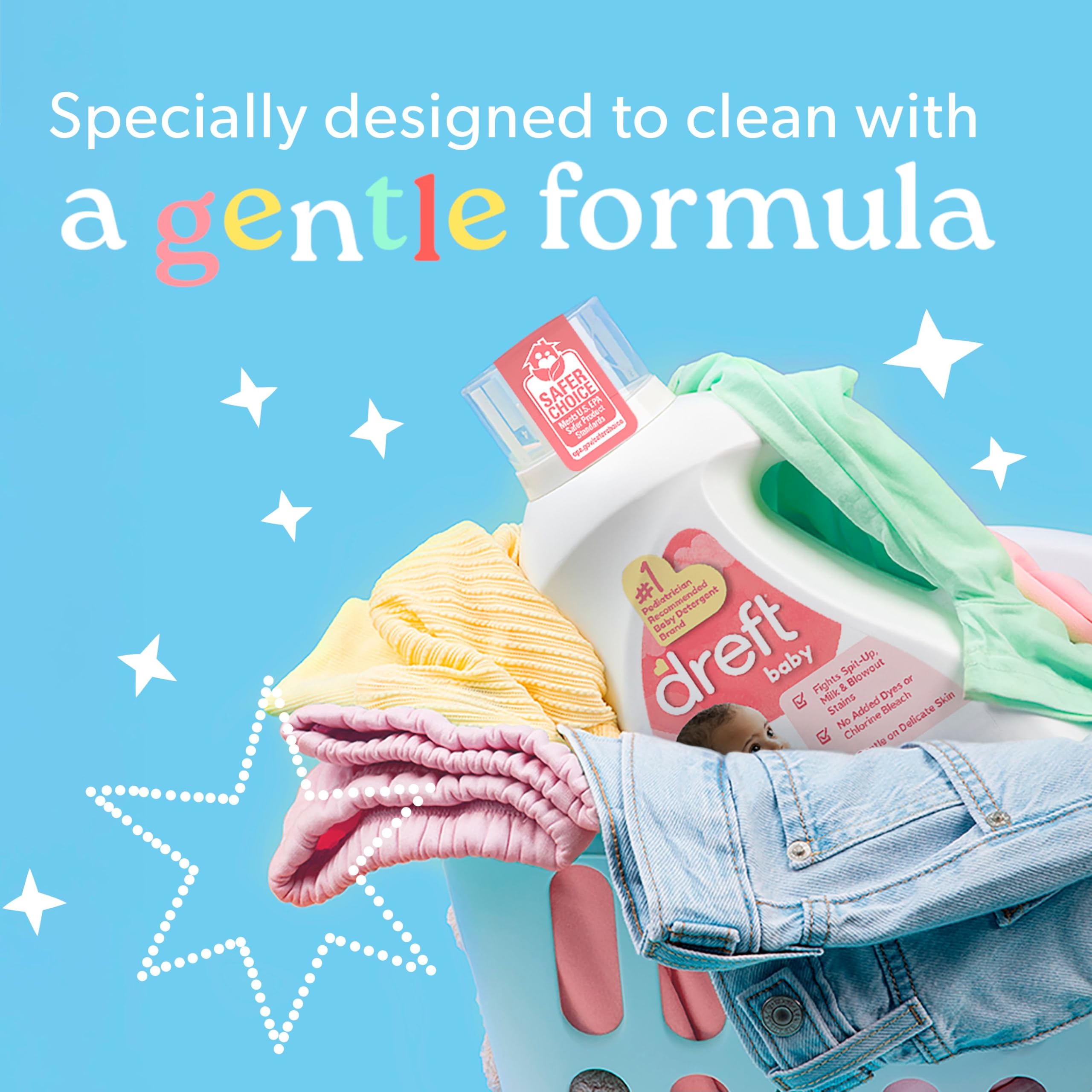 Dreft in use with baby clothes in washer showing stain removal benefit