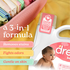 Dreft label close-up highlighting dermatologist-tested and no dyes benefit