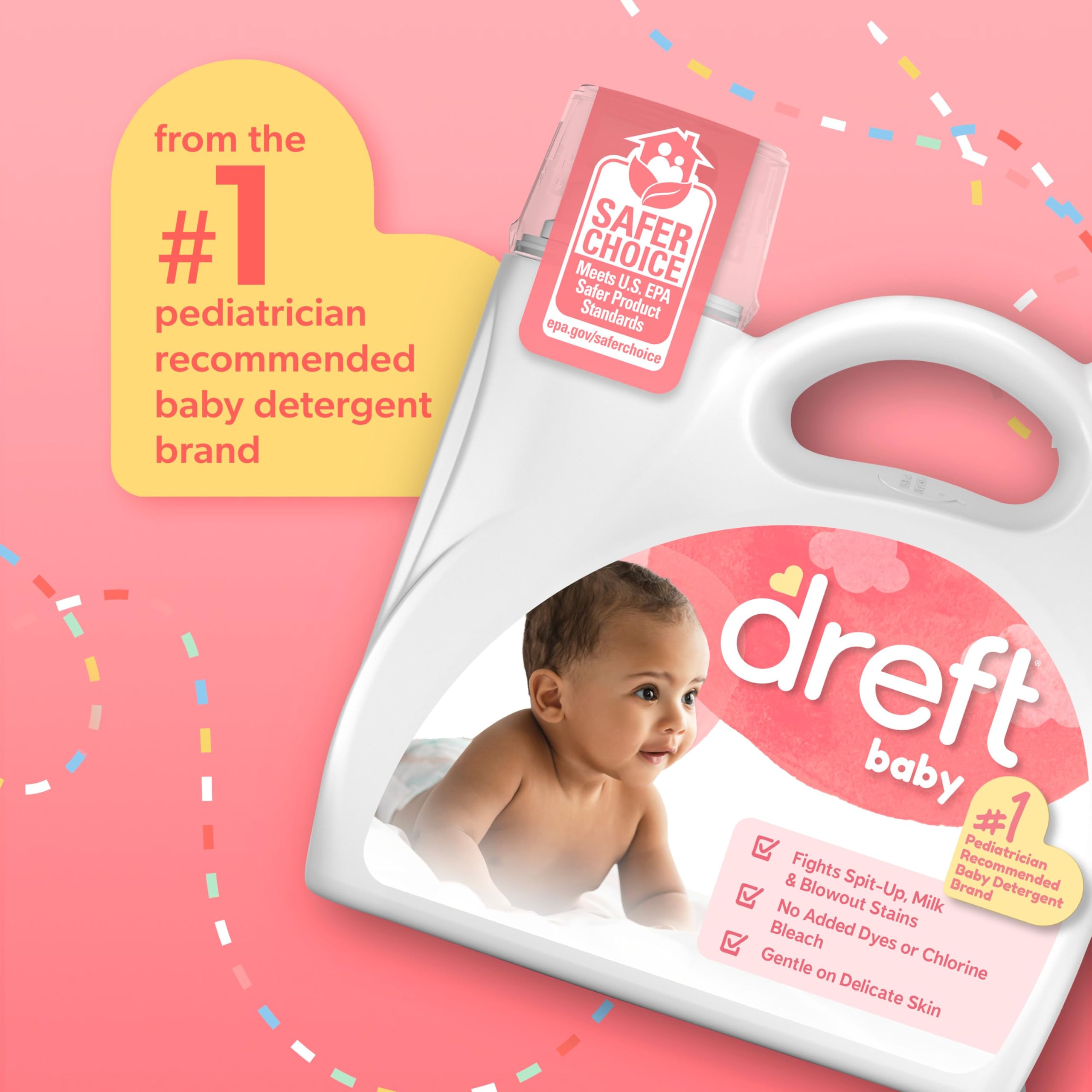 Dreft pouring detergent into cap to measure, ensuring accurate dosing