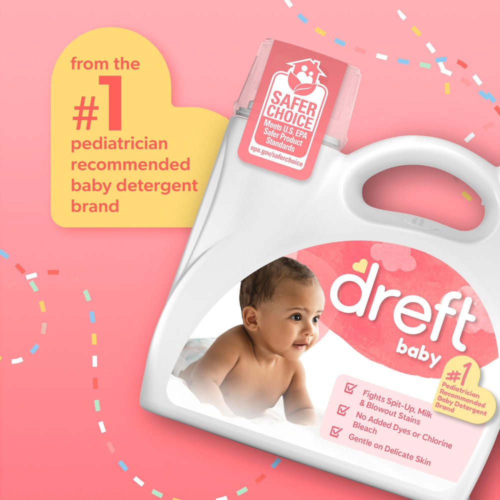 Dreft pouring detergent into cap to measure, ensuring accurate dosing