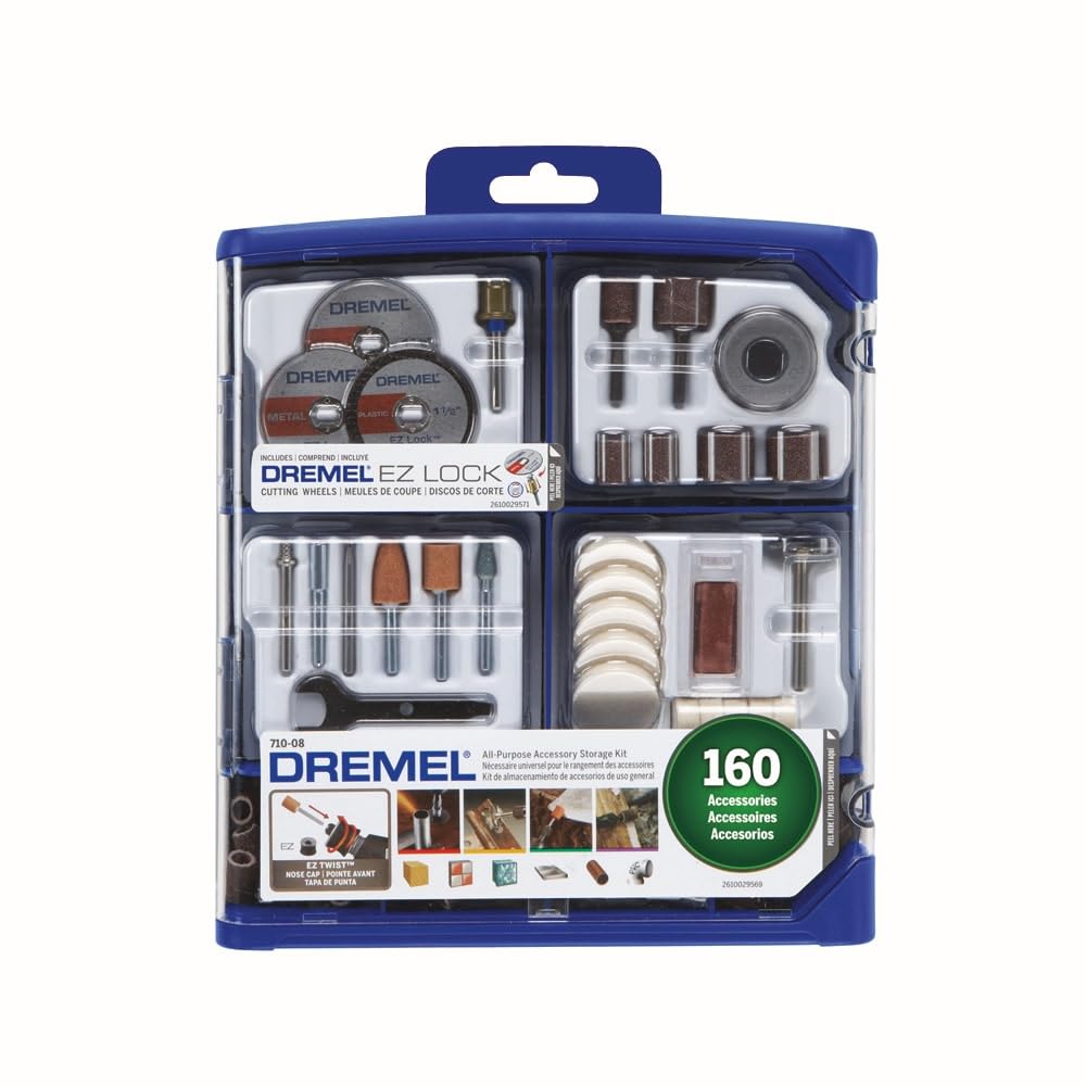 Dremel front packaging showing 160-piece kit and organized case for quick setup