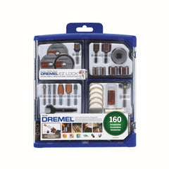Dremel front packaging showing 160-piece kit and organized case for quick setup