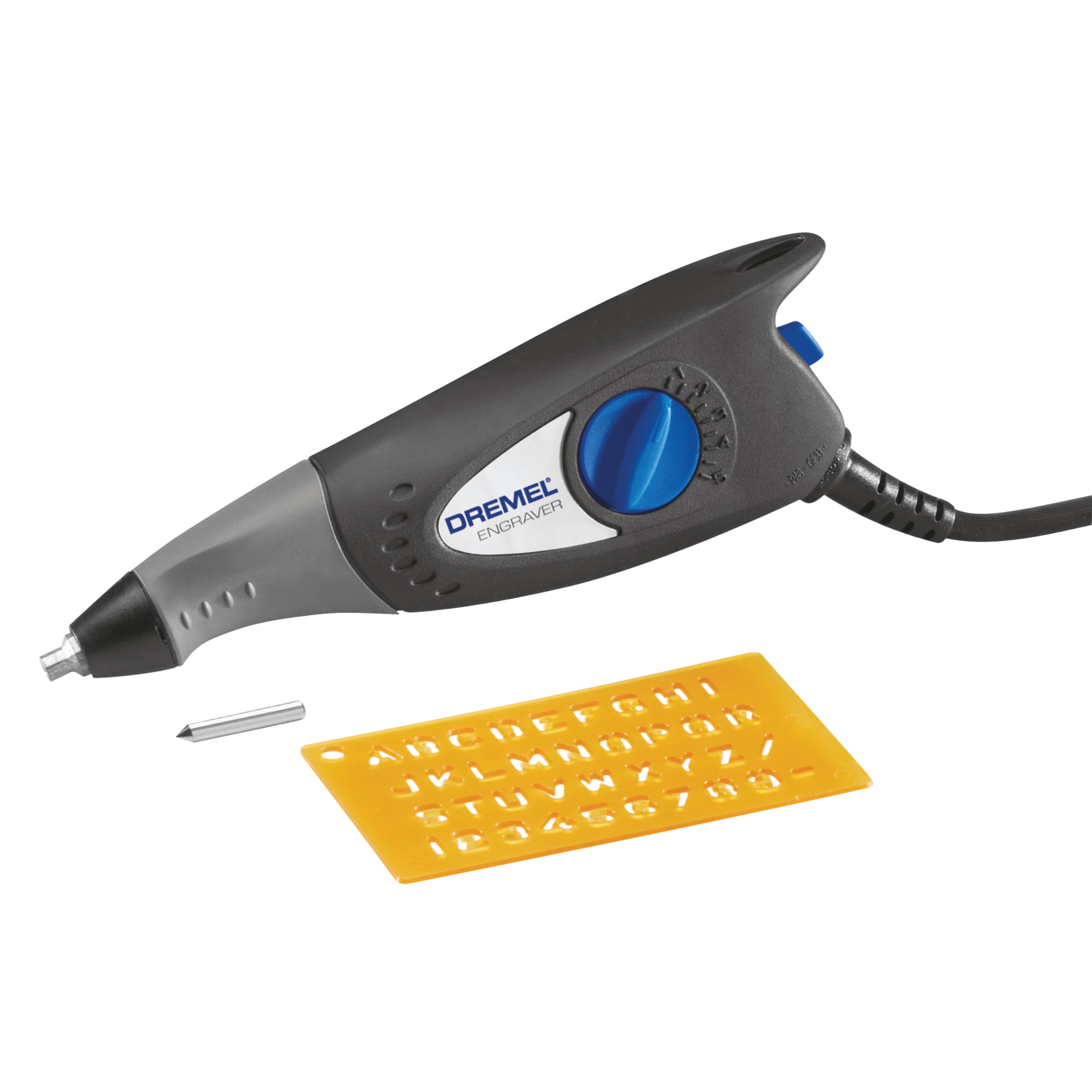 Dremel front view showing tool shape and cord for precise engraving