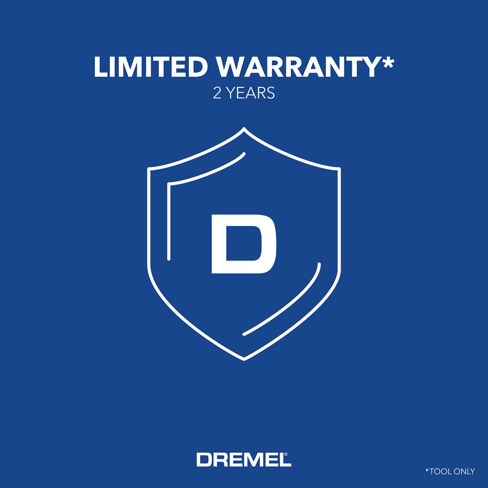 Dremel packaging with warranty card showing two-year support and service