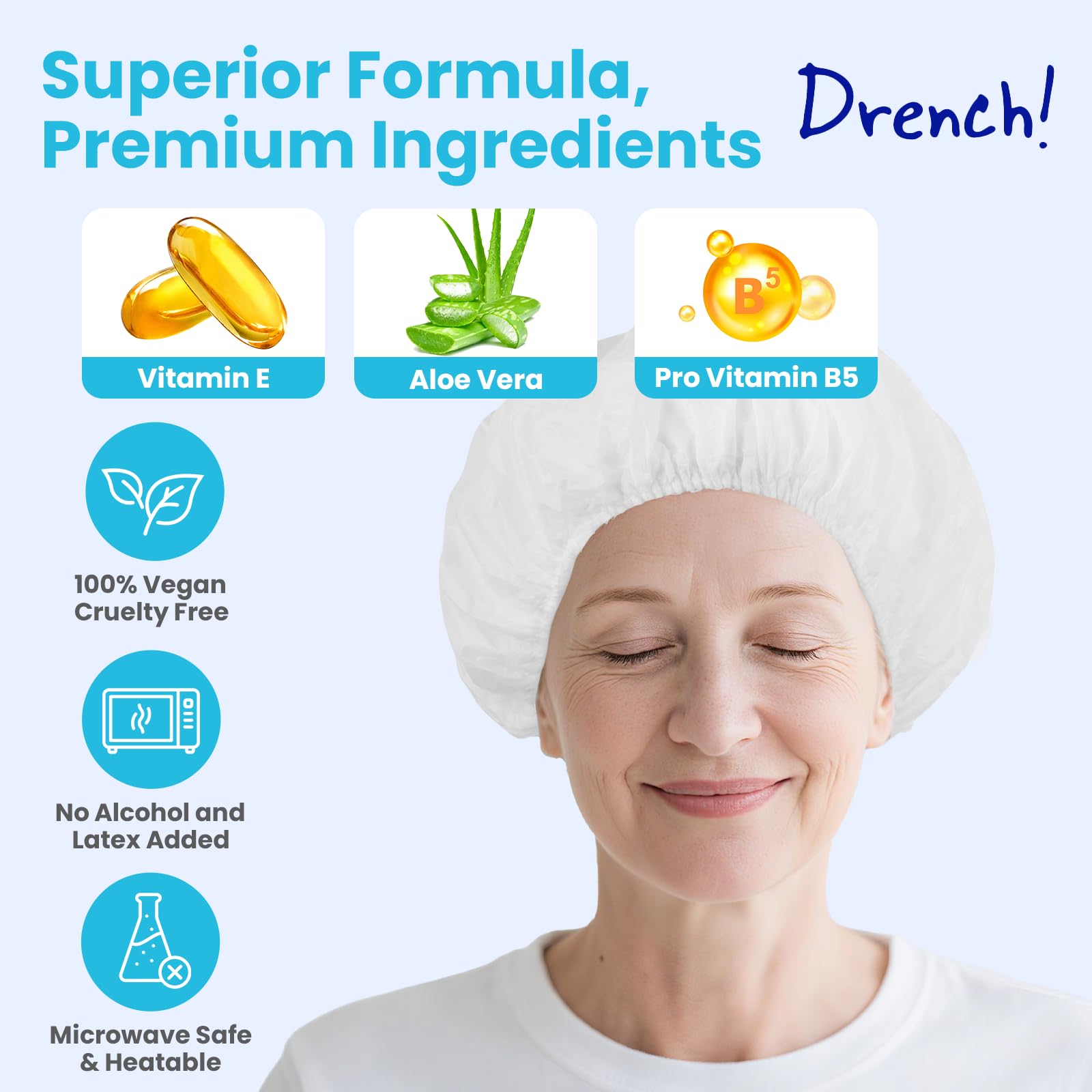 Drench! Medical cap being massaged on hair demonstrating easy application and comfort