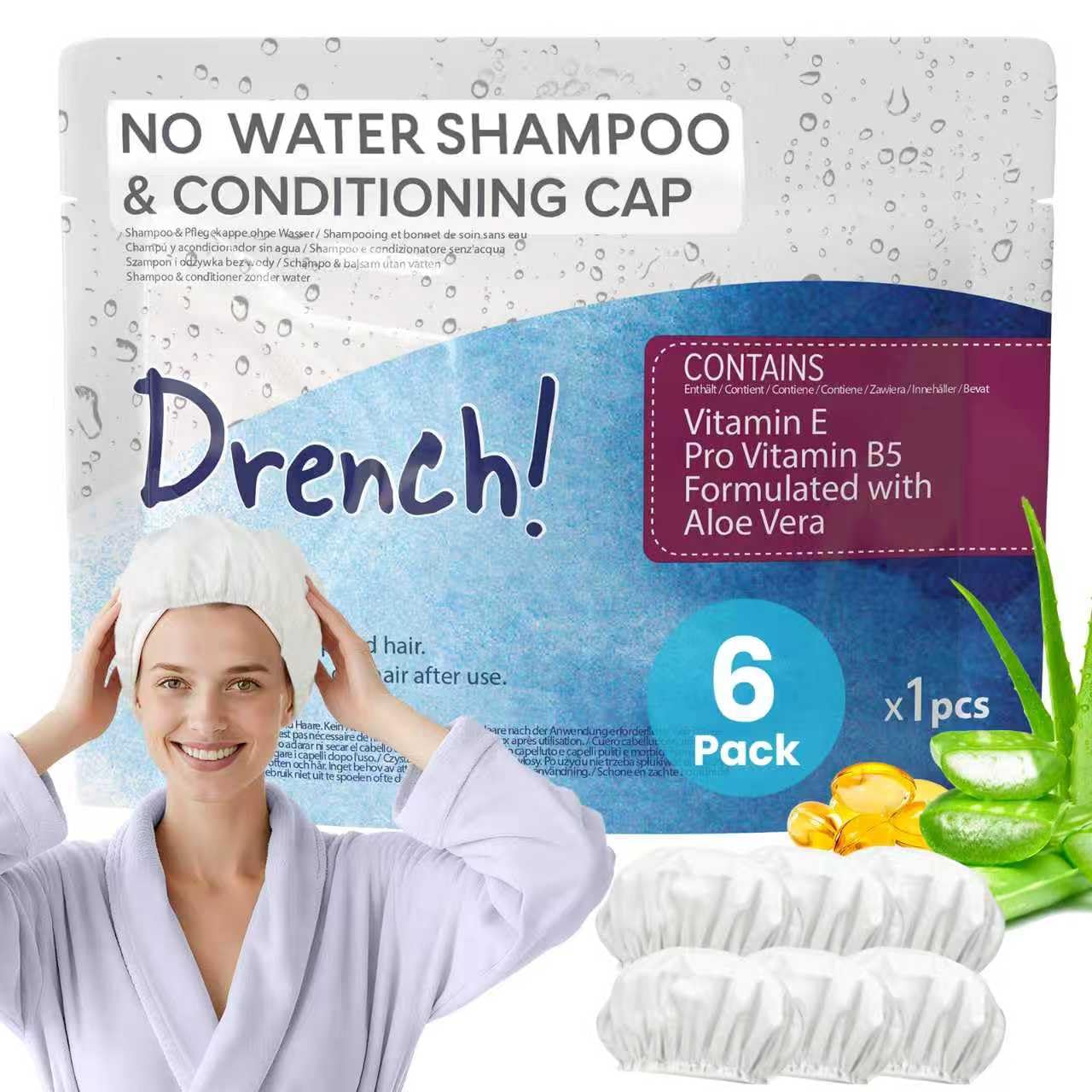 Drench! Medical front packaging showing six no-rinse shampoo caps and benefits