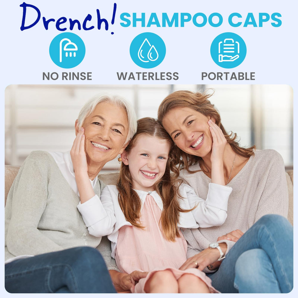Drench! Medical caps on a bathroom counter showing travel-friendly, no-shower solution
