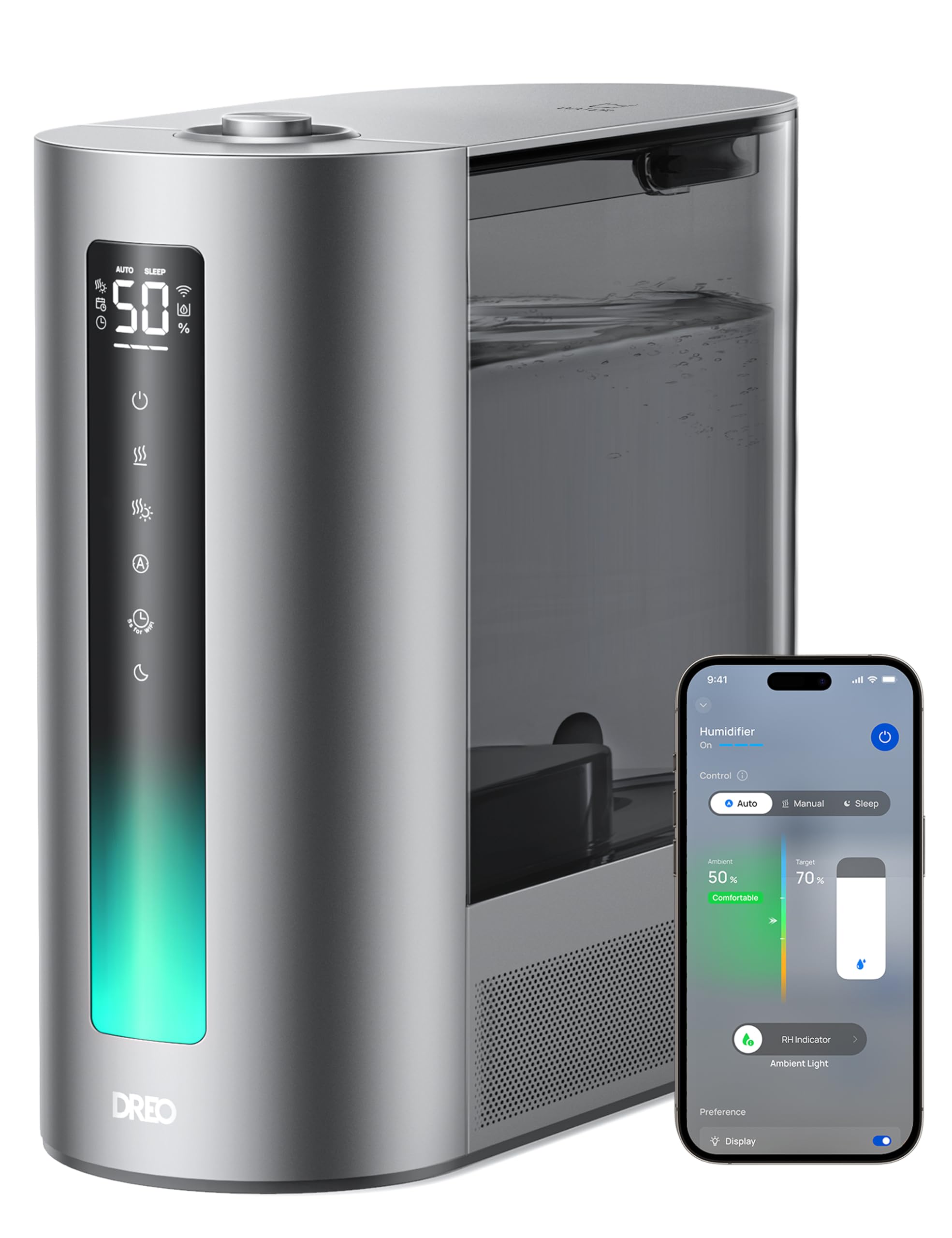 DREO humidifier front view showing sleek design and large tank for long runtime