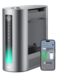 DREO humidifier front view showing sleek design and large tank for long runtime