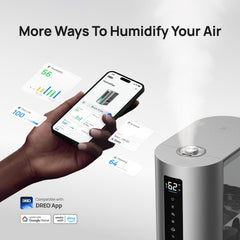 DREO visible mist column closeup illustrating powerful MistWave dispersion benefit