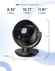 DREO fan angled demonstrating 90° oscillation and wide room coverage benefit