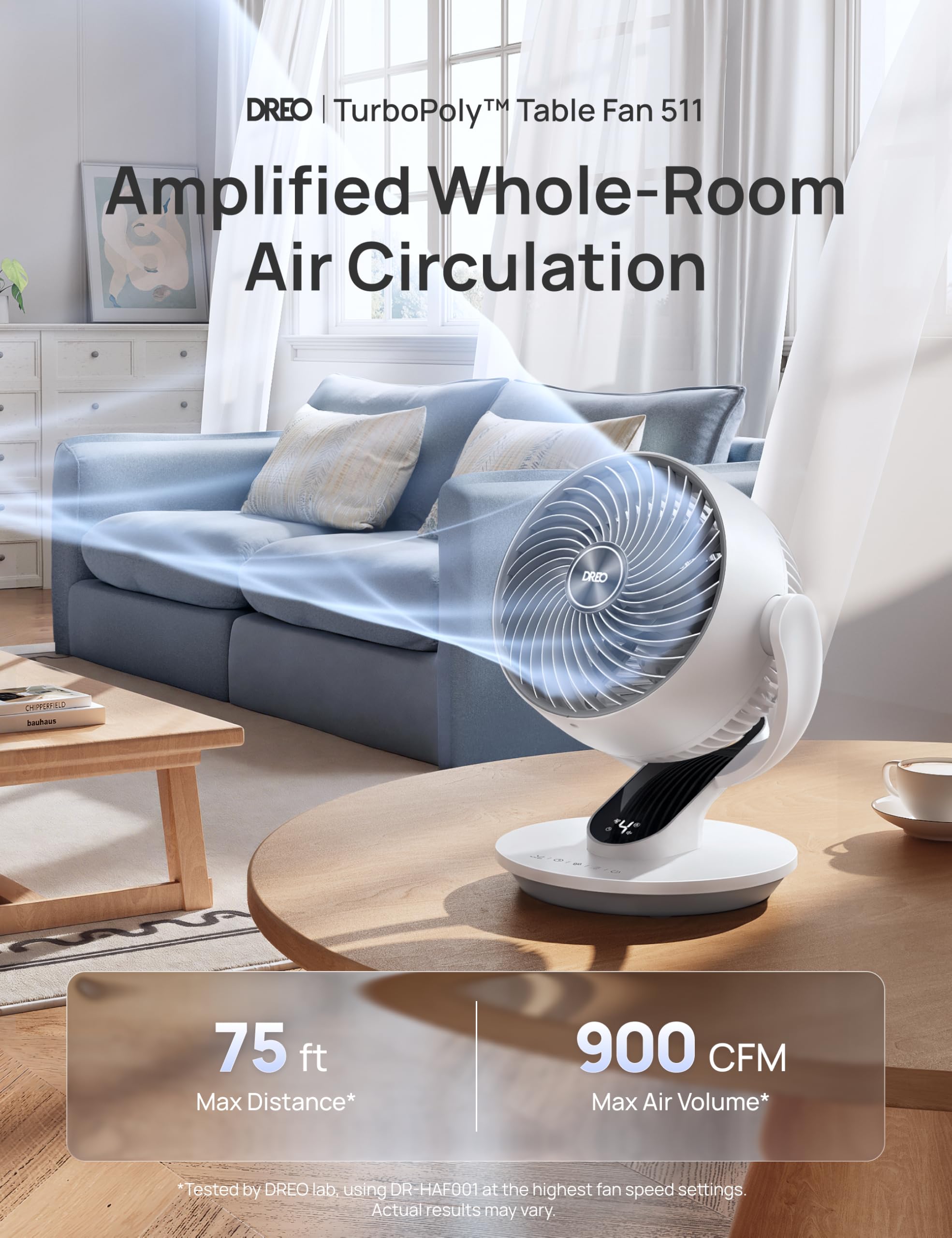DREO angled fan illustrating 90° oscillation and 120° tilt for directional cooling