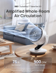 DREO angled fan illustrating 90° oscillation and 120° tilt for directional cooling