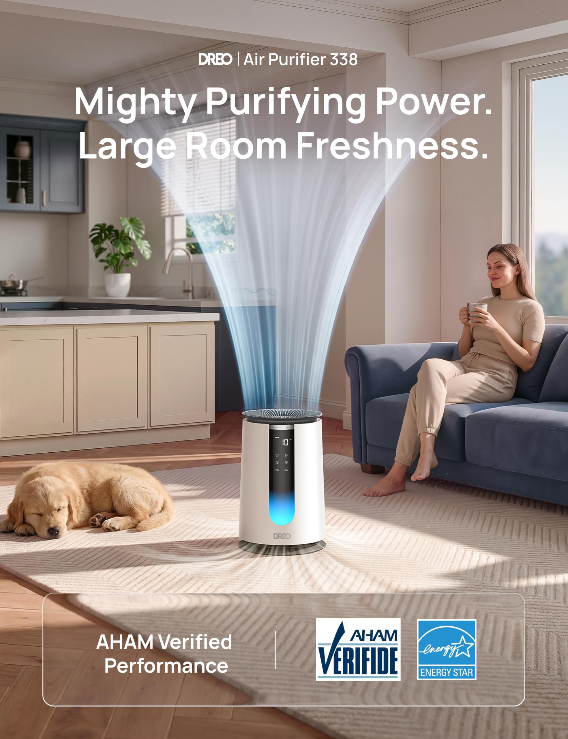 DREO illuminated AQI display showing PM2.5 numbers for instant awareness
