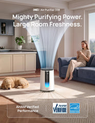DREO illuminated AQI display showing PM2.5 numbers for instant awareness