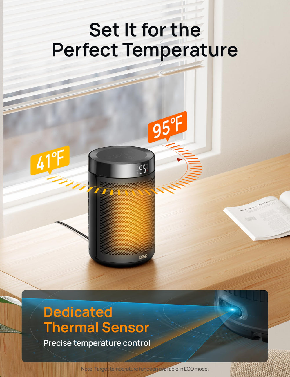 DREO heater in bedroom lifestyle scene for quiet nighttime comfort